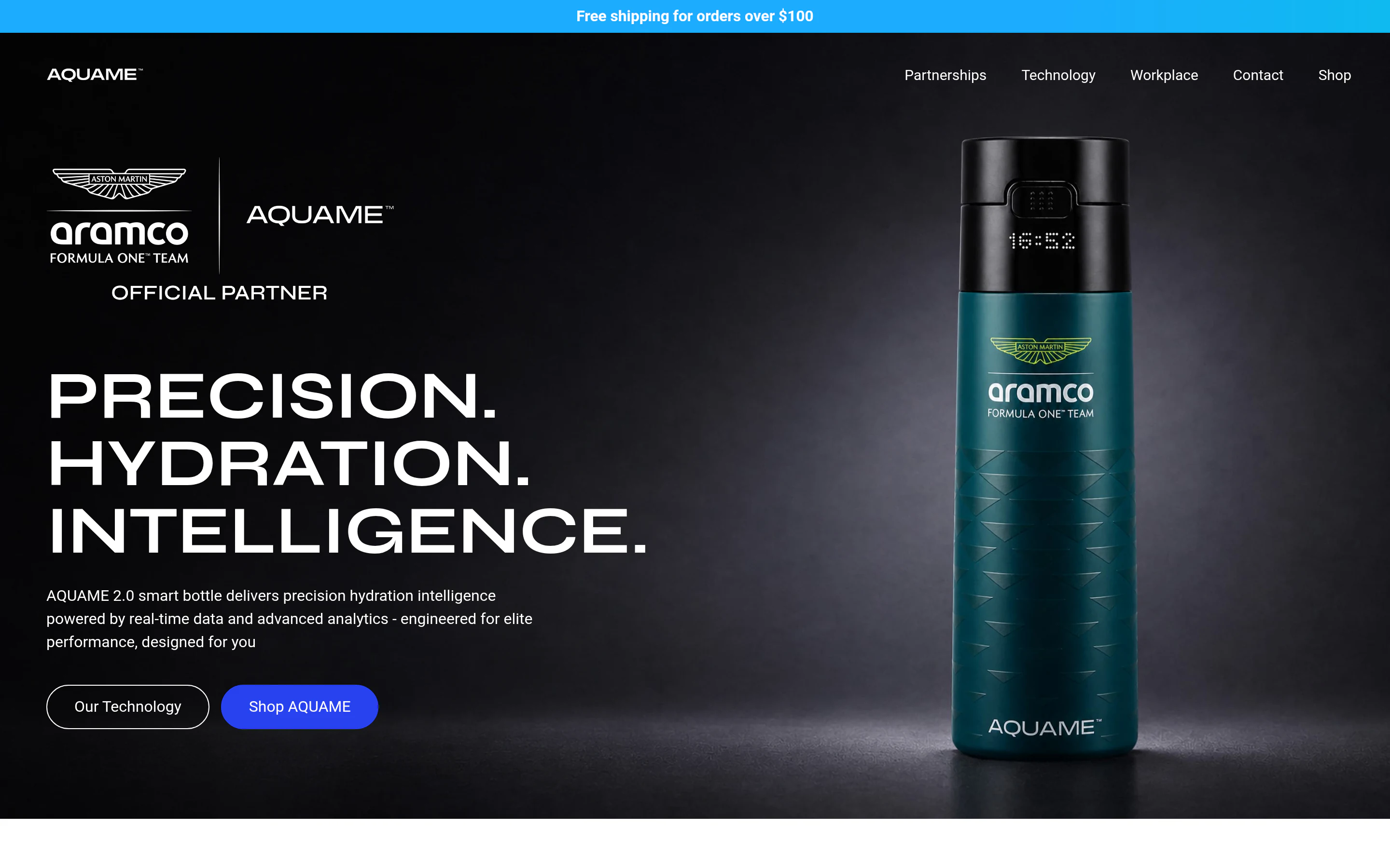 Aquame homepage — multilingual Shopify storefront for smart hydration tech and licensed Formula 1, Formula E, and Padel sports bottles, with custom sections by Faber.