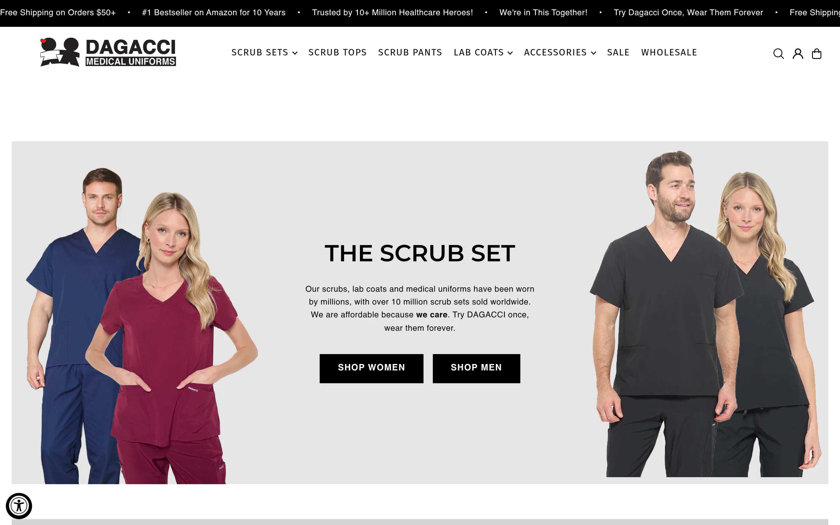 Dagacci Medical Uniforms homepage — Shopify storefront for medical scrubs and healthcare apparel serving 10 million customers in 180+ countries. Complete theme rebuild by Faber.