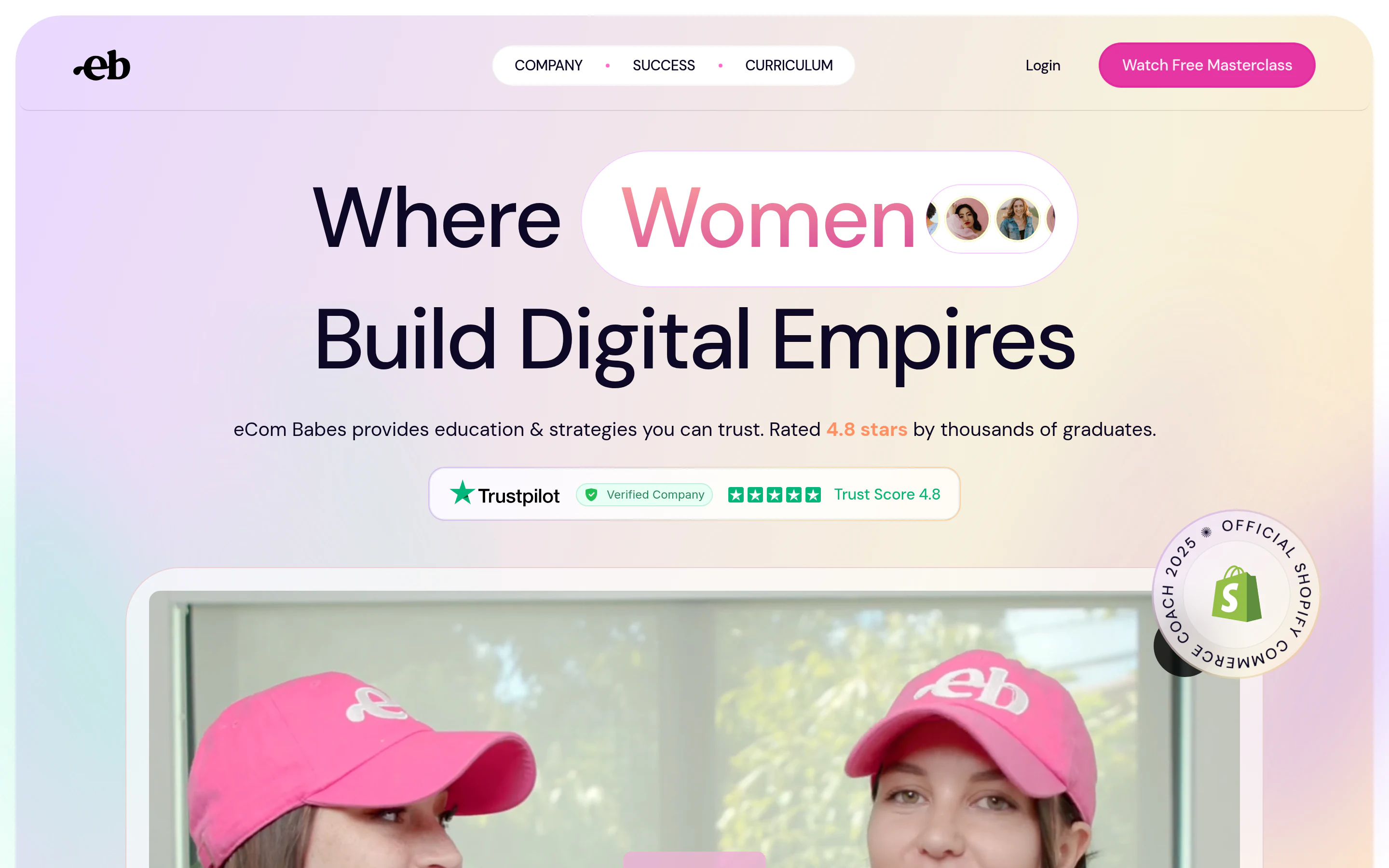 eCom Babes homepage — online education platform for 20,000+ women learning ecommerce. Member portal Shopify app built with Remix, Prisma, Clerk auth, S3 file storage, and Socket.io real-time chat by Faber.