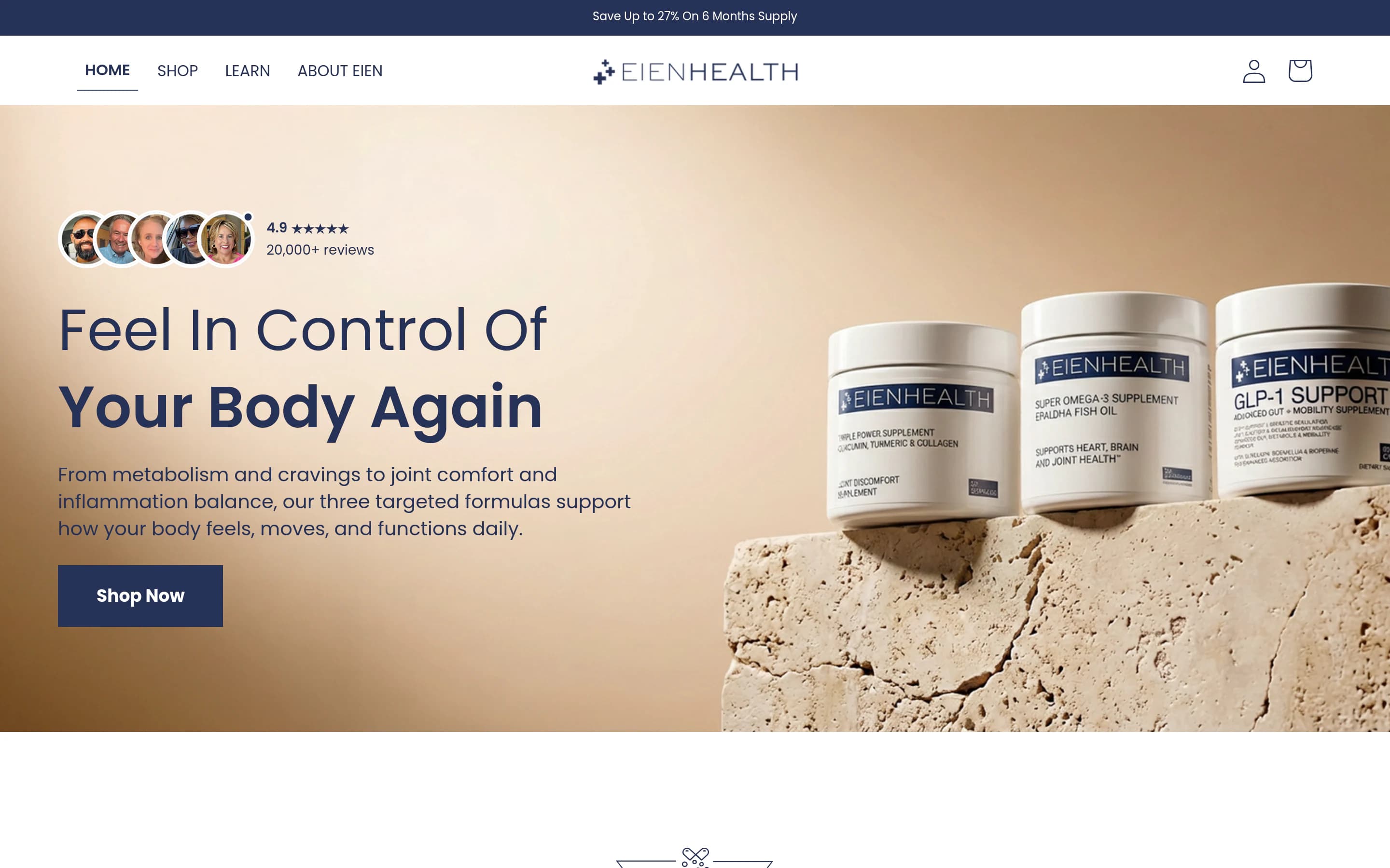 Eien Health homepage — Shopify storefront for anti-aging dietary supplements including Omega-3, joint support, and GLP-1 line, made in FDA-registered US facilities. Theme rebuild and app integration by Faber.