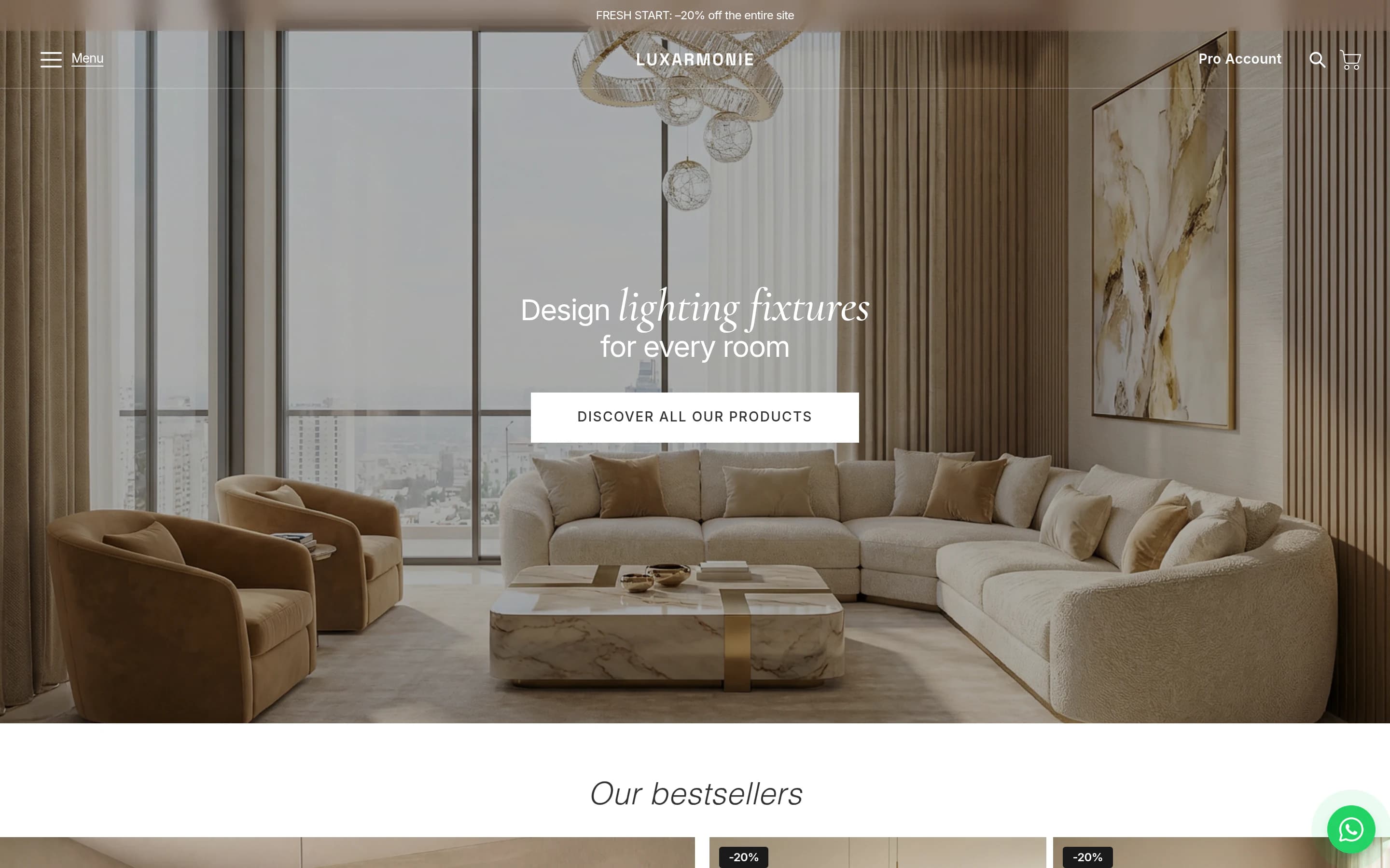 Luxarmonie homepage — high-end designer lighting Shopify storefront with chandeliers, pendants, table lamps, and sconces across 7 product lines, supporting English and French. Rebuilt by Faber.