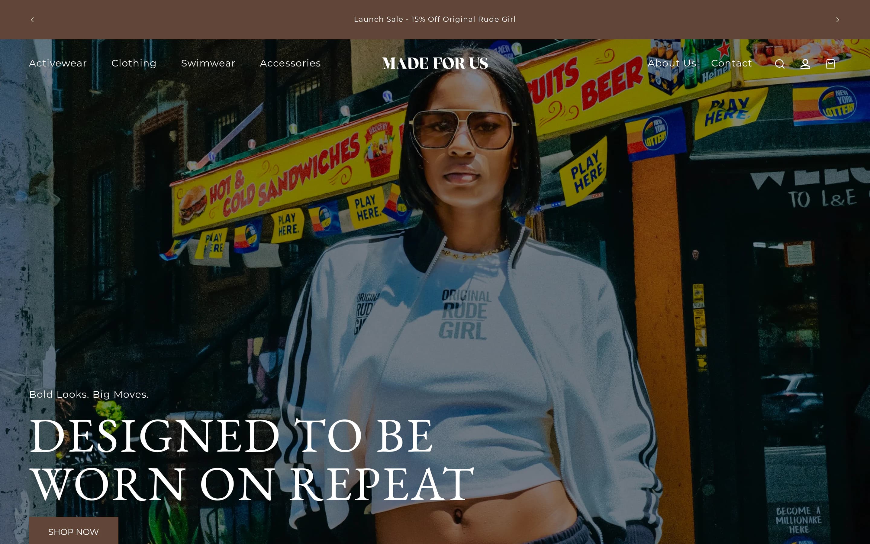 Made For Us homepage — premium women's fashion Shopify storefront from Brooklyn featuring clothing, streetwear, activewear, and swimwear. Rebuilt with custom sections and a Shopify app integration by Faber.