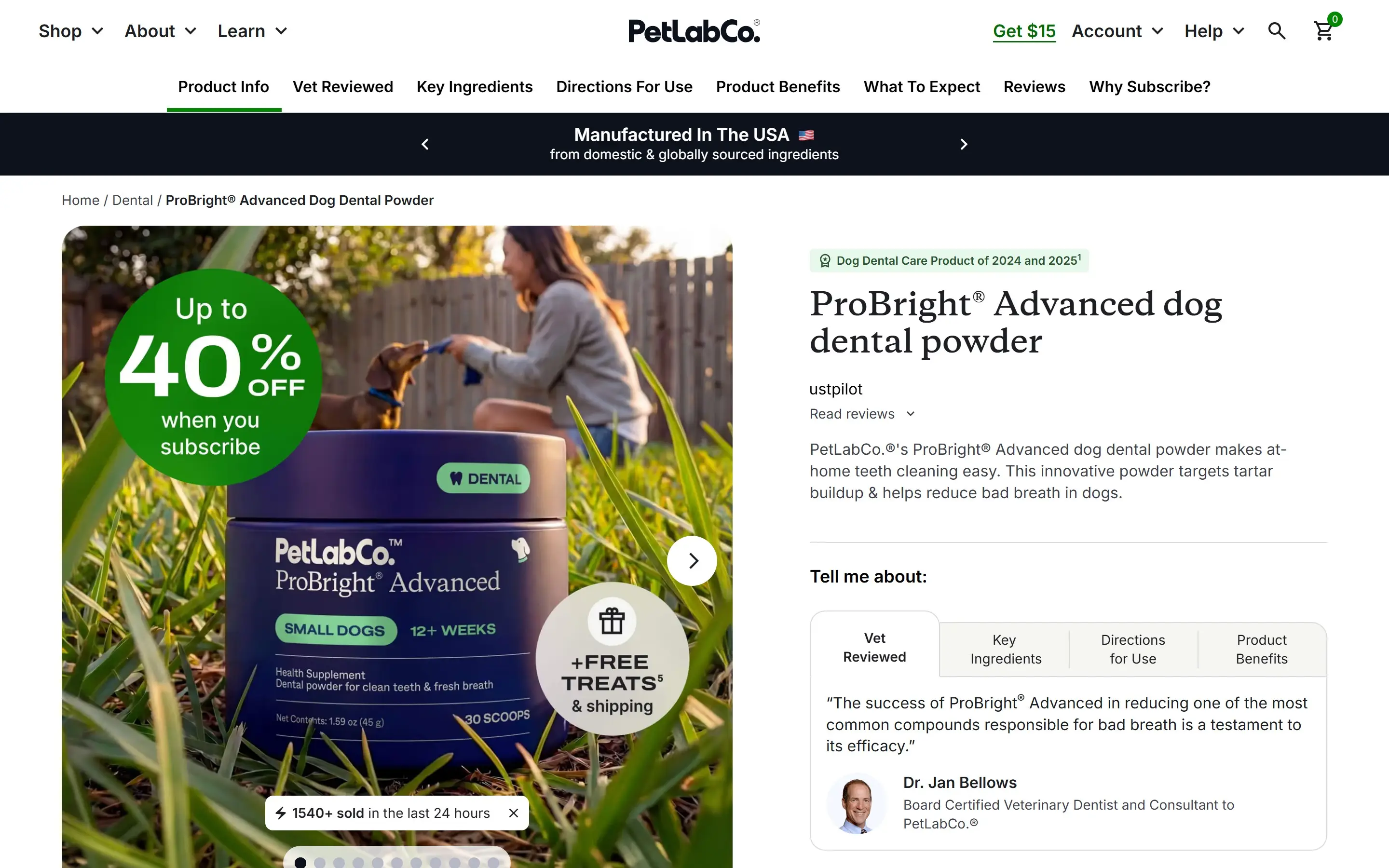 PetLabCo ProBright dog dental powder product page — three custom, fully responsive Shopify Liquid sections built from a Figma design by Faber.