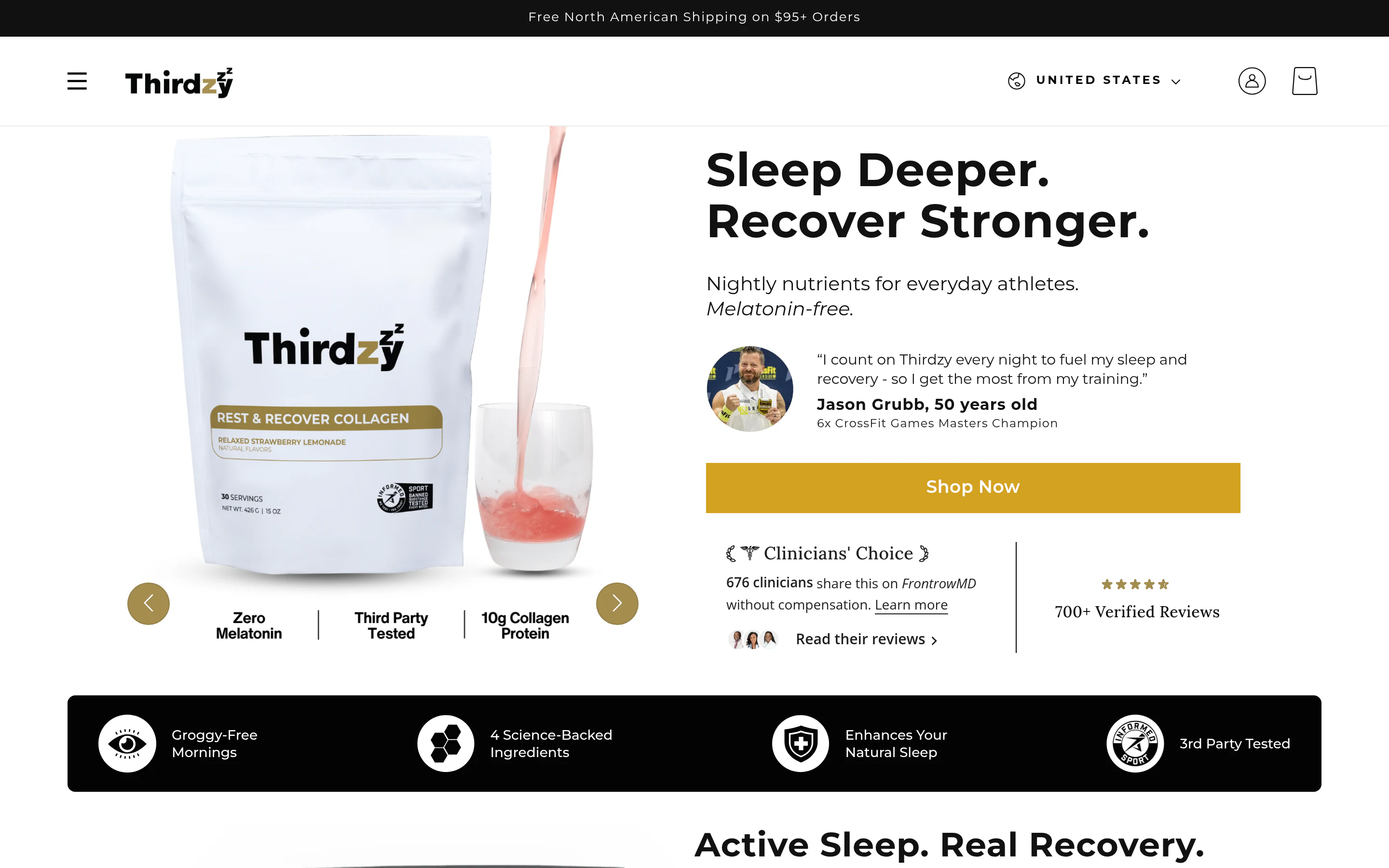 Thirdzy homepage — Shopify storefront for melatonin-free sleep recovery supplements designed for athletes, sold subscription-first across 40+ countries. Theme rebuild by Faber.