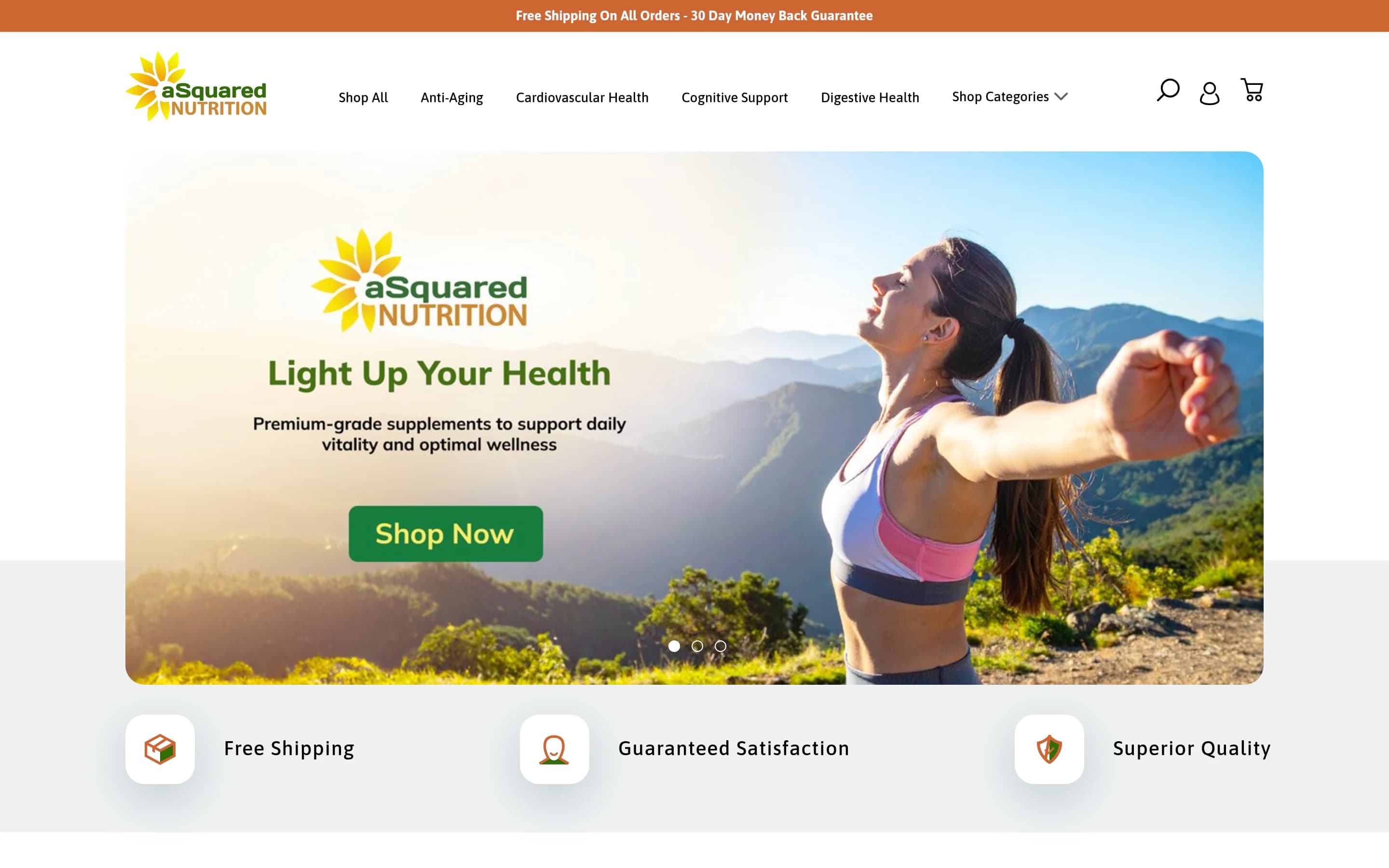 aSquared Nutrition homepage — Shopify storefront for science-backed longevity and anti-aging supplements across 10+ wellness categories, with custom product templates by Faber.