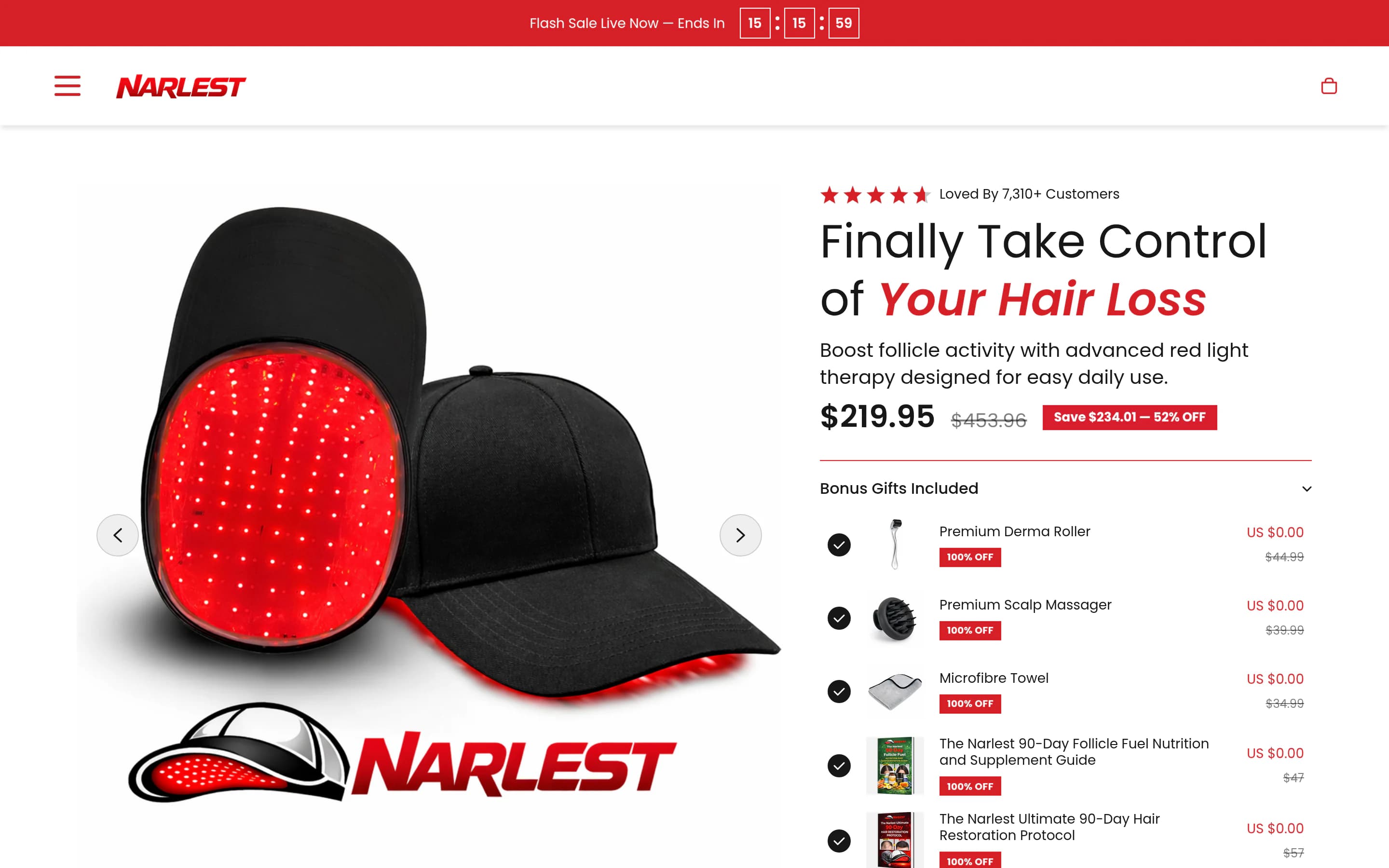 Narlest homepage — single-product Shopify storefront for a red light therapy hair growth cap, with custom cart and checkout flow built by Faber.